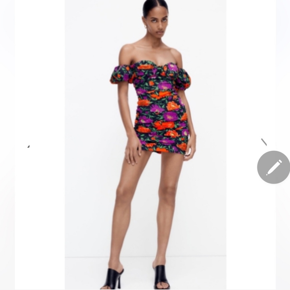 Zara Floral Off the Shoulder Puff Sleeve Mini Ruched Dress Size Small